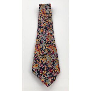 Linco Pure Silk Floral Paisley Print Colorful Mens Tie Navy Orange Red